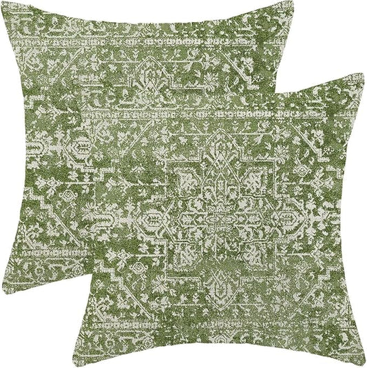 Boho Sage Green Throw Pillow Covers 18x18 Inch Set of 2, Carpet Pattern Decorative Throw Pillow Covers Bohemia Sage Green Linen Outdoor Cushion Cover for Sofa Couch Farmhouse Room Bed Decor
