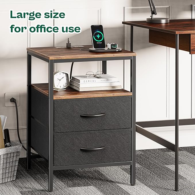 Huuger Night Stand with Charger Station, 27.7 Inch Tall Nightstand, Bed Side Table with 2 Fabric Drawers, Fabric Drawer Dresser for Bedroom, Living Room, Rustic Brown and Black