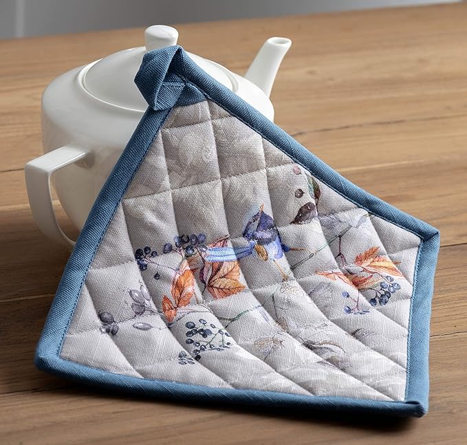 Maison d' Hermine 100% Cotton Oven Mitt & Pot Holder Set (7.5"x13" & 8"x8") Heat Resistant BBQ Cooking Gloves with Loop for Thanksgiving Christmas Decorations Handling Hot Pans (Equinoxe - Grey)