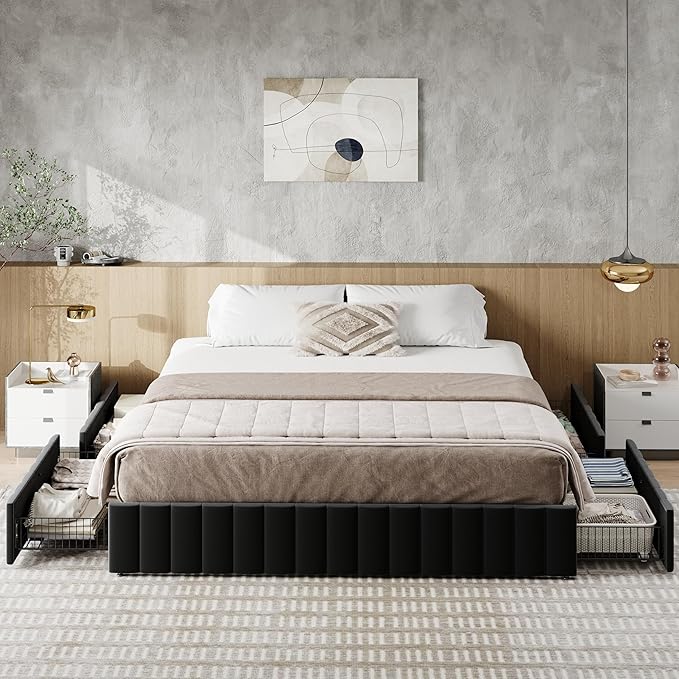 Allewie King Size Platform Bed Frame with 4 Large Storage Drawers, Velvet Vertical Channel Tufted Upholstered Bed Base, Wooden Slats Support, Noise-Free, No Box Spring Needed, Easy Assembly, Black