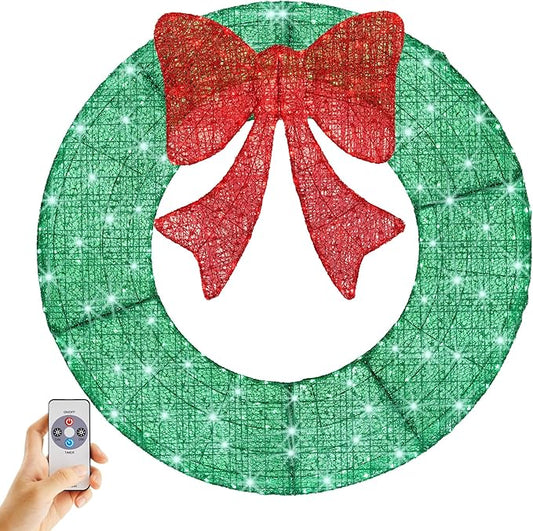 Sweetcrispy Pre-Lit Christmas Wreath, LED Lighted Holiday Outdoor Decoration with Bow for Door, Mantel, Wall, Windows, Front Door Decor, 47.5in Green Wreath - Red Bow