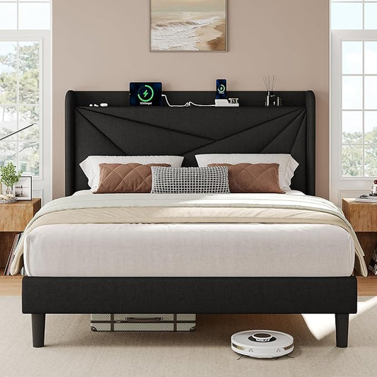 iPormis Queen Size Bed Frame with Charging Station, Linen Platform Bed Frame with Wingback Headboard Upholstered Bedframe, Solid Wood Slats Support, No Box Spring Needed, Easy Assembly, Black