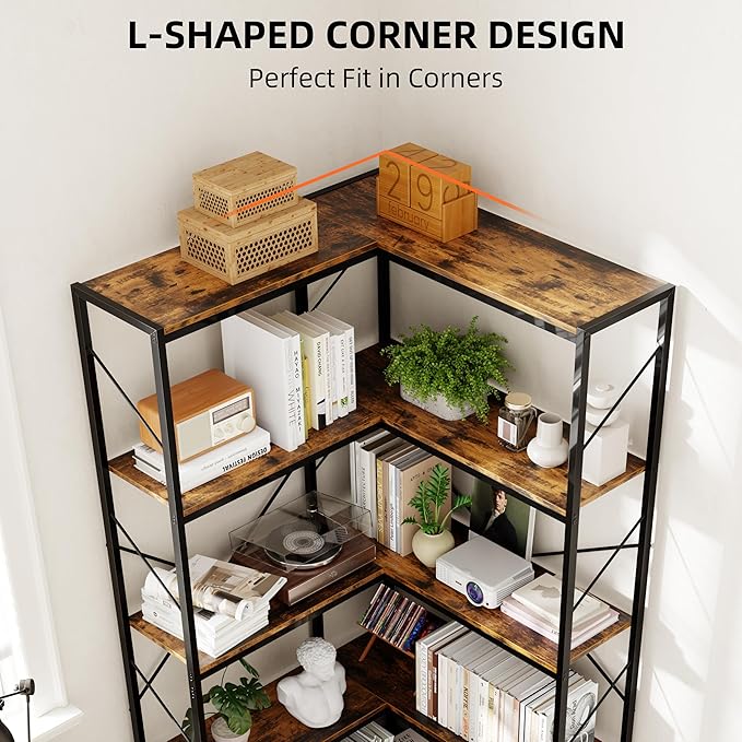Shintenchi 5 Tier Corner Bookshelf,L Shaped Bookcase,Large Etagere Bookcase,Corner Shelf Display Storage Rack with Metal Frame for Living Room Bedroom Office,Rustic Brown