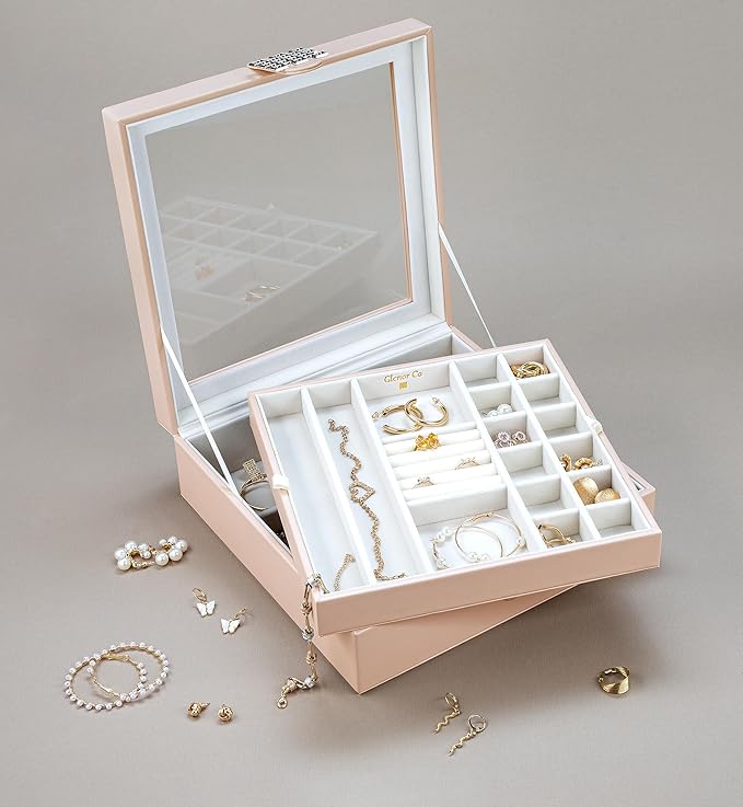 Co 28 Section Jewelry Box - 2 Layer - Buckle Snap & Magnet Closure - Large Glass Top - Leather Design - Sand - Jewelry Organizer for Women & Girls - for Earring Ring Necklace & Bracelet