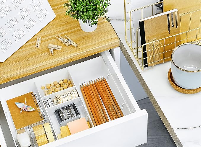 CAXXA 3 Slot Drawer Organizer with 4 Adjustable Dividers - Drawer Storage 7 Compartments Junk Drawer Organizer for Office Desk Supplies and Accessories, White