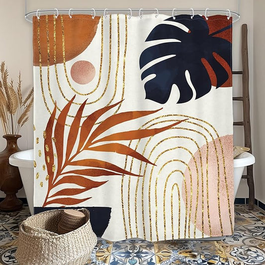 Glawry Boho Navy Brown Shower Curtain Modern Mid Century Abstract Tropical Palm Leaf Bathroom Minimalist Geometric Arch 60Wx72L Inches Bath Accessories Art Home Decor Fabric 12 Pack Hooks