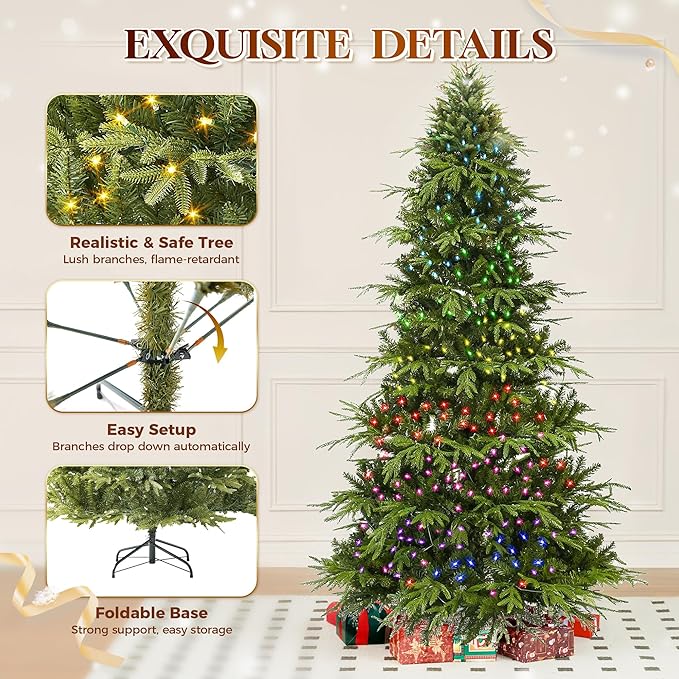 HOLLO STAR 7.5 ft Prelit Pencil Christmas Tree with 400 LED Lights, App Control, Aspen Artificial Christmas Tree, Multi-Color RGBW Lights, 1639 PE & PVC Branch Tips, Skinny Xmas Tree, for Home, Party