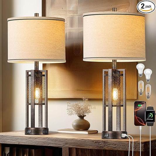 28'' Farmhouse Industrial Table Lamp Set of 2 - Rustic Bedside Nightstand Lamps with Dual USB A+C Ports, Bronze Metal Mesh Nightlight Desk Lamps for Bedroom Living Room, 4 LED Bulbs Included