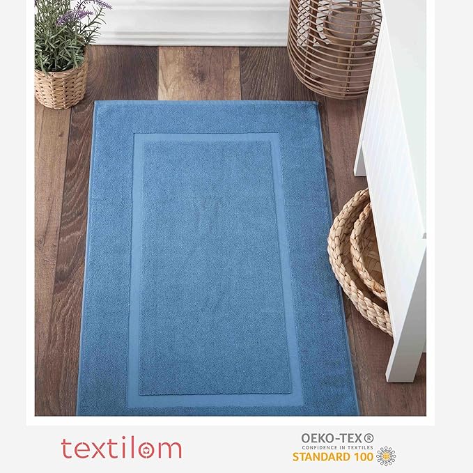 TEXTILOM Luxury 2 Pack Banded Cotton Bath Mats for Bathroom Floor [ Hotel, Spa, Tub, Shower Bath Mat Floor Towel Set ], Machine Washable & Soft & Absorbent & Quick Dry (20''x34'')- Blue