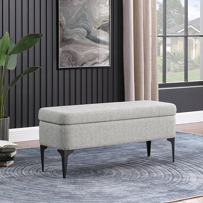 HomePop Upholstered Storage Bench with Metal Leg Home Décor|Bench with Storage for Living Room & Entryway - Sustainable Gray Woven