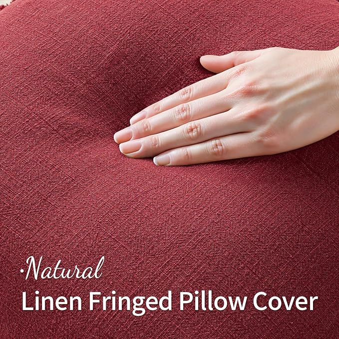MIULEE Decorative Throw Pillow Covers Neutral Linen Fringe Throw Pillows Euro Shams Set of 2 Burgundy Boho Farmhouse Cushion Covers for Couch Sofa Bed Living Room Spring Home Decor 24x24 Inch