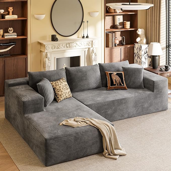 YESHOMY Sectional Couch, 108" Boneless Couches for Living Room, Modular Sectional Sofa with Deep Seat, Cloud Comfy Couch with L-Shape Chaise, No Assembly Required (Corduroy, Gray)