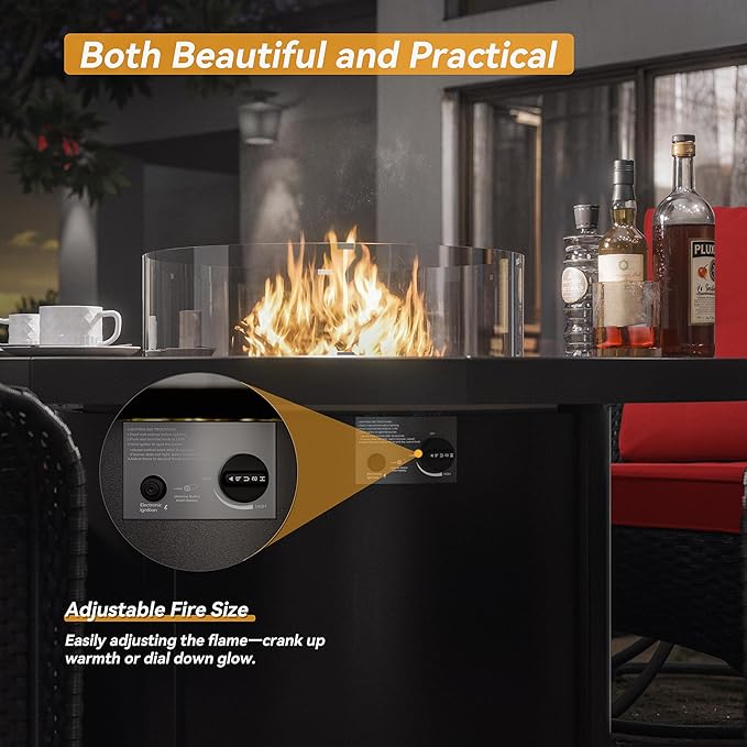 Kurapika 5 Pieces Patio Furniture Set, Rattan Wicker Outdoor Conversation Sets, 4 Woven Rattan Swivel Chairs w/48in Propane Fire Pit Table and Thickened Cushions, Red