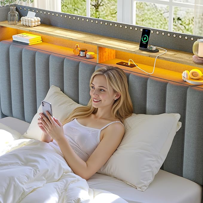 EnHomee Queen Bed Frame with 2 Storage Drawers, Upholstered Platform Bed with LED Lights and Charging Station, Sturdy Wooden Slats Support, No Box Spring Needed, Noise Free, Grey