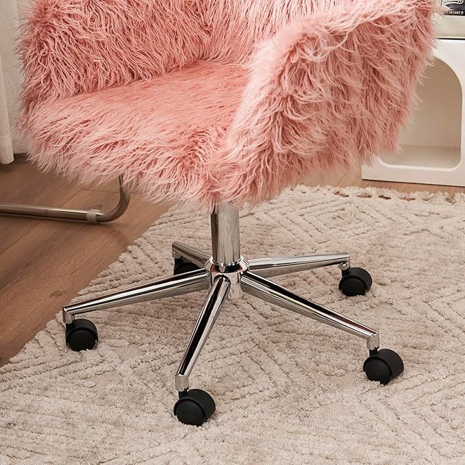 Goujxcy Fluffy Desk Chair, Pink Faux Fur Vanity Chair Swivel Office Chair for Girls Women, Height Adjustable Cute Plush Furry Makeup Chairs for Bedroom Home Office