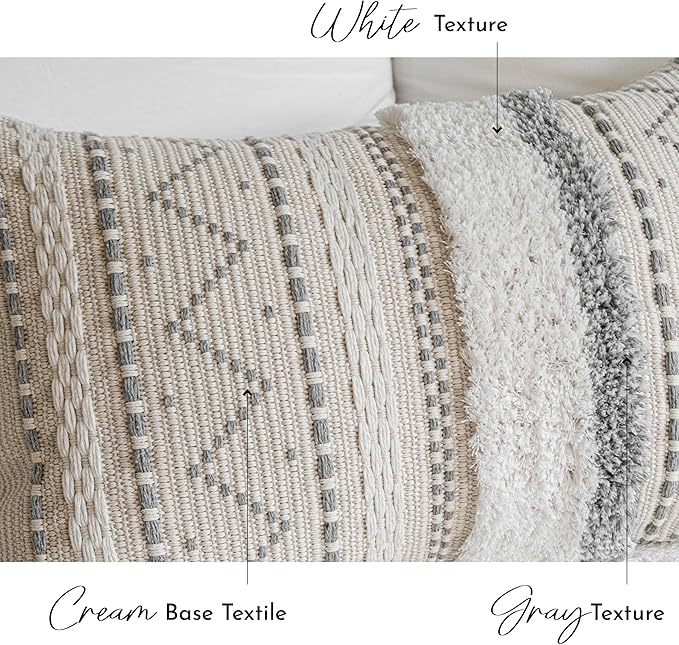 Gray Decorative Throw Pillow Cover 18x18 Square Boho Neutral White Accent Pillowcase Tassels Farmhouse Cushion for Couch Sofa Bedroom Living Room Home Décor (Cover ONLY, Pack of 1)