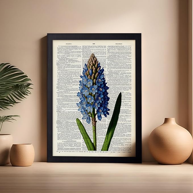Poster Master Dictionary Art Poster - Blue Hyacinth Print - Flower Art - Floral Art - Gift for Men, Women & Florist - Minimal Decor for Bedroom, Office, Dorm or Flower Shop, 16x20 Black Framed