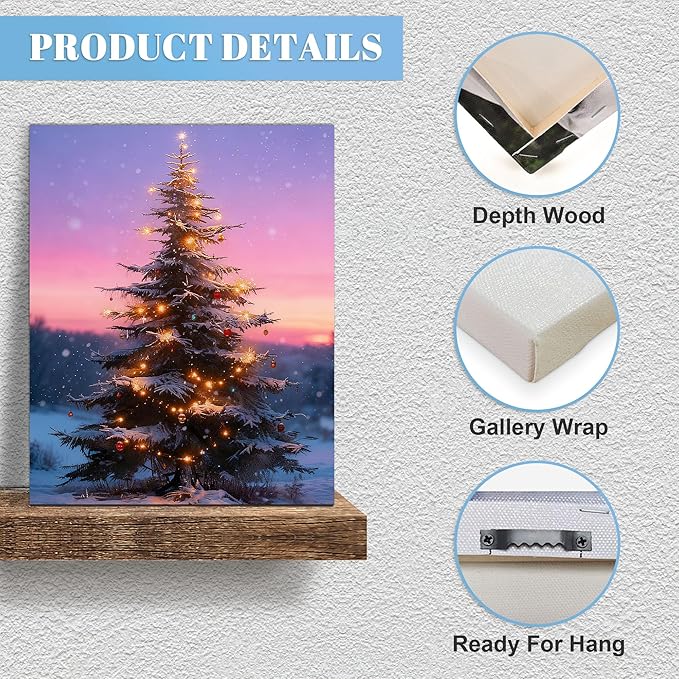 Framed Christmas Pictures Wall Decor,Vintage Pine Tree Prints,Winter Christmas Canvas Wall Art Decoration for Bedroom Bathroom Living Room Rustic Xmas Holiday Gifts (Christmas Tree 12, 16'' X 24'')