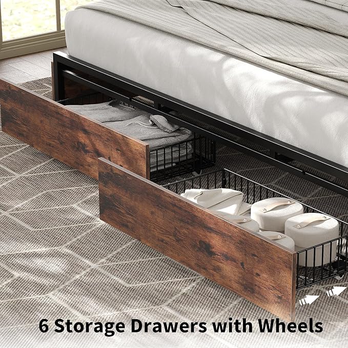 King Size Bed Frame with LED Headboard & Charging Ports, Rustic Wood Platform King Bed Frame with 6 Storage Drawers and Display Shelf, Heavy-Duty Metal Frame, No Box Spring Needed, Brown