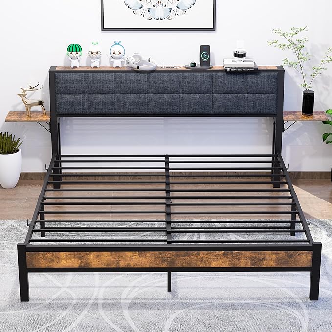 Queen Metal Bed Frame with Ergonomic Upholstered Headboard and Charging Station, Platform Bed Frame with Storage Shelves, Heavy Duty Metal Slats, No Box Spring Needed, Brown+Grey