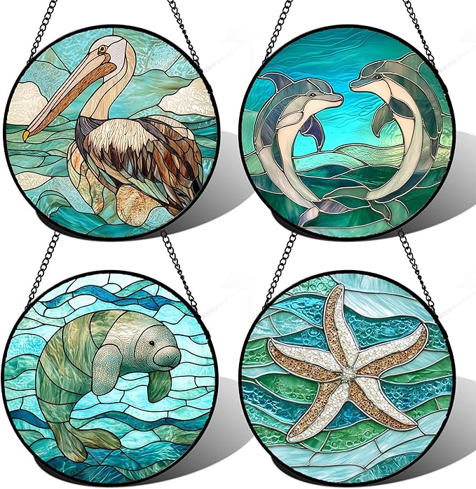 Stained Glass Window Hanging 4 Pcs Set Cyan Ocean Life Theme Large 11.8" - Sea Starfish Suncatcher Door Garden Sun Catcher Decor Birthday for Mom Woman Nana Men Friend