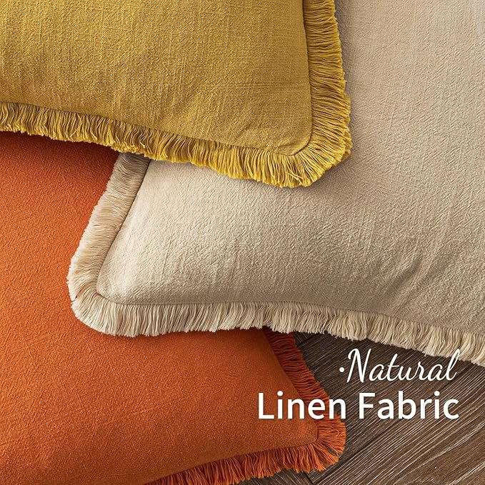 MIULEE Decorative Lumbar Throw Pillow Covers Neutral Linen Fringe Throw Pillows Set of 2 Orange Boho Farmhouse Cushion Covers with Tassels for Couch Sofa Bed Living Room Spring Home Decor 12x20 Inch