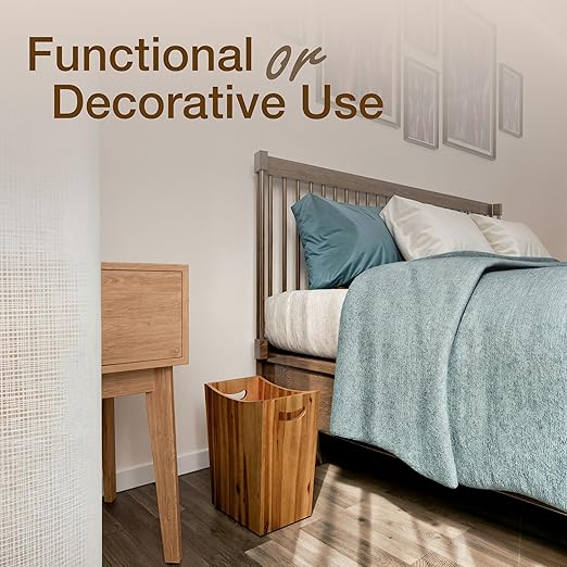 3 Gallons Rectangular Wastebaskets - Acacia Wood Waste Basket with Handles - Small Trash Can for Bathroom - Brown Garbage Bin for Spa Decorative, Kitchen Under Counter, Living Room, Office