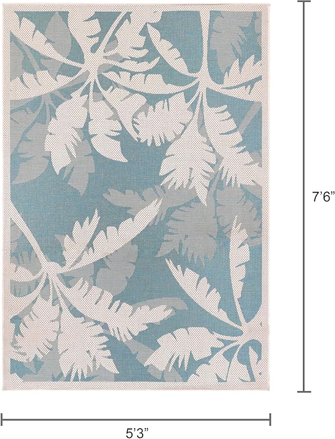 Couristan Monaco Indoor Outdoor Area Rug – Coastal Flora 5'3" x 7'6" in Ivory Turquoise – Flatwoven, Hose Washable, Pet Friendly Rug for Patio, Porch and Home Decor