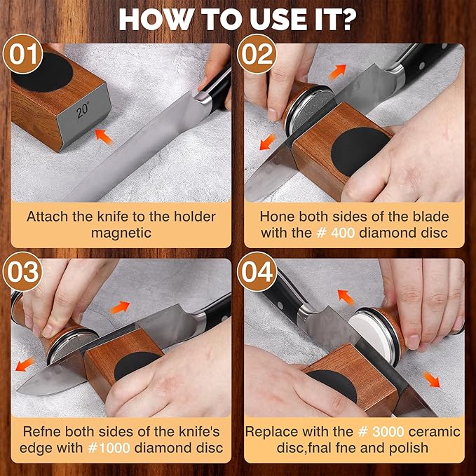 Rolling Knife Sharpener Kit, Knife Sharpener Tool with Replaceable Discs Diamond & Ceramic,15 & 20 Degree Multi-Purpose Magnetic Base, Suitable for Small, Medium, and Large Knives