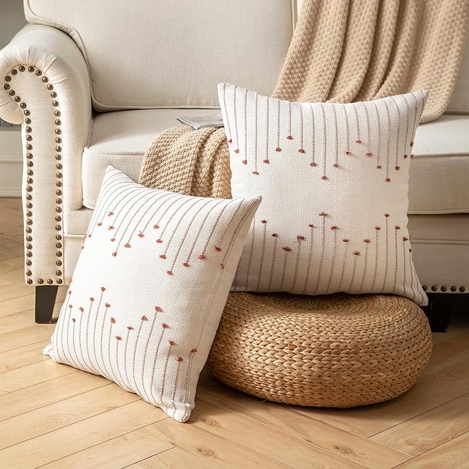 Caflife Boho Throw Pillow Covers 22x22 Set of 2 Decorative Pillows for Bed, Neutral Pillow Covers Beige with Rust Line Throw Pillows for Modern Farmhouse Couch Sofa Living Room Outdoor