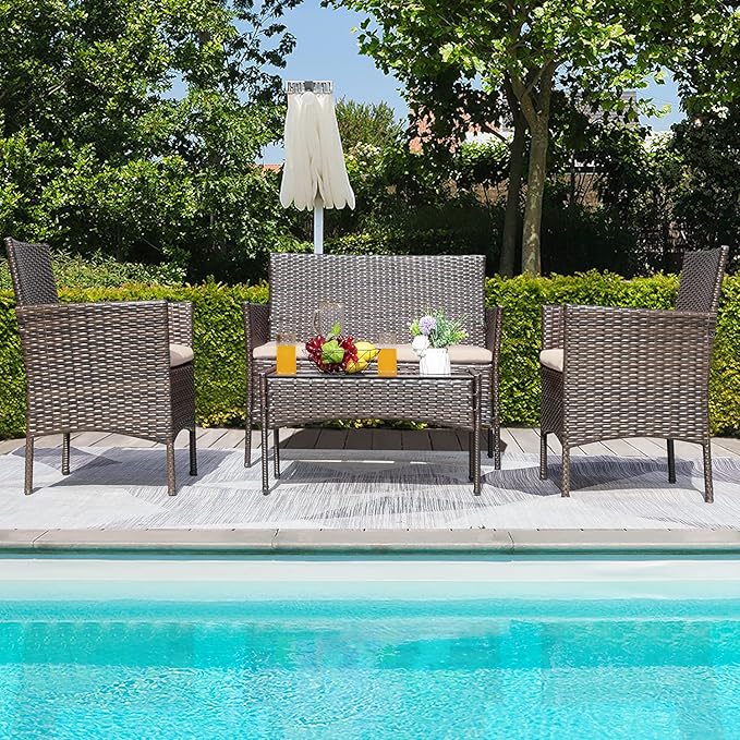 Greesum Patio Furniture 4 Pieces Conversation Sets Outdoor Wicker Rattan Chairs Garden Backyard Balcony Porch Poolside loveseat with Soft Cushion and Glass Table, Brown and Beige