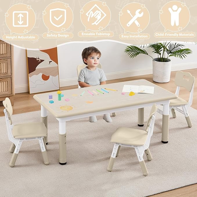 Adjustable Kids Table Chairs Set – Graffiti Desktop, Multi-Activity Height-Adjustable Toddler Study Desk for Ages 3-8 – Ideal for Home, Classroom, Daycare (W-Wood, 4 Chairs-47.2" L x 23.6" W)