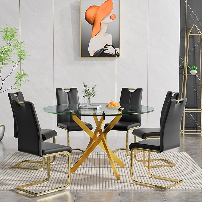 Goujxcy Round Dining Table Set for 6, Modern Glass Kitchen Table and Chairs Set of 6, 7 Piece Dining Room Table Set with 47" Circle Gold Metal Glass Dinner Tables and 6 Black Leather Dining Chairs