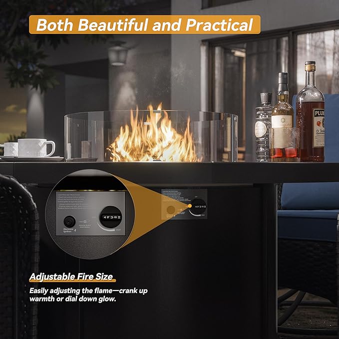 Kurapika 5 Pieces Patio Furniture Set, Rattan Wicker Outdoor Conversation Sets, 4 Woven Rattan Swivel Chairs w/48in Propane Fire Pit Table and Thickened Cushions, Navy Blue