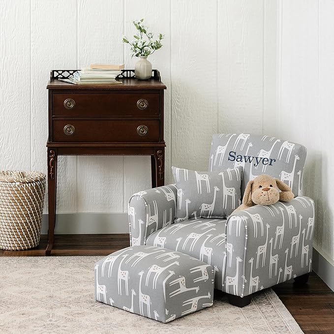 Toddler Personalized Armchair, Kids Upholstered Rocking Chair with Personalization, Toddler Chair with Personalized Name, Comfy Child Armchair, (Grey Giraffes Print, Rockers)