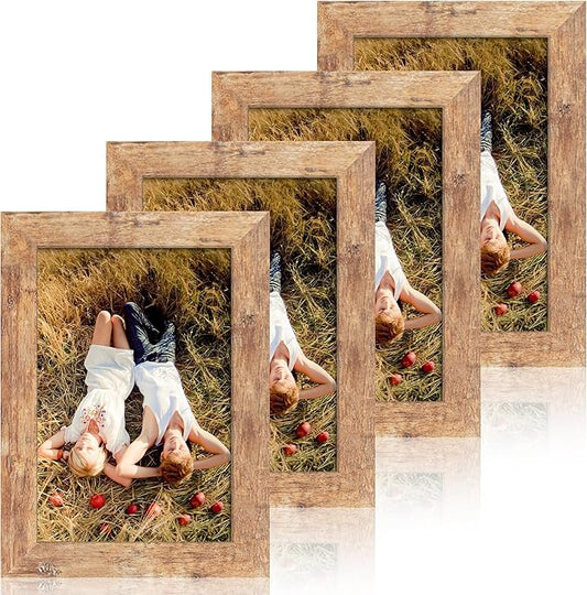 6x9 Picture Frame Set of 4, High Definition Real Glass Rustic Brown Frame, 6 x 9 Photo Frames for Tabletop Display and Wall Mounting