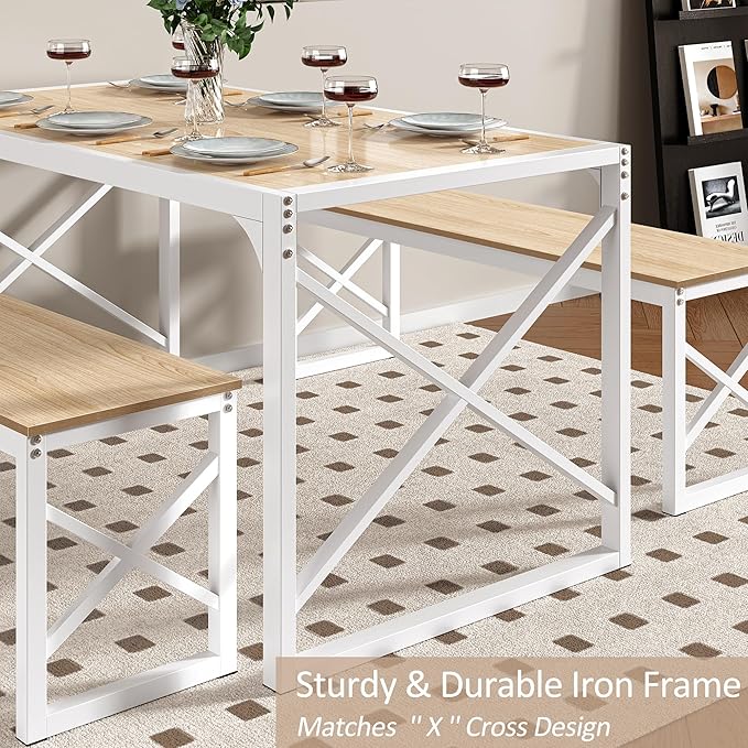 VECELO Kitchen Dining Table Set for 4 to 6, 55" Wood Dinette 2 Benches with Metal Frame for Dinner Breakfast Nook and Small Space, Oak