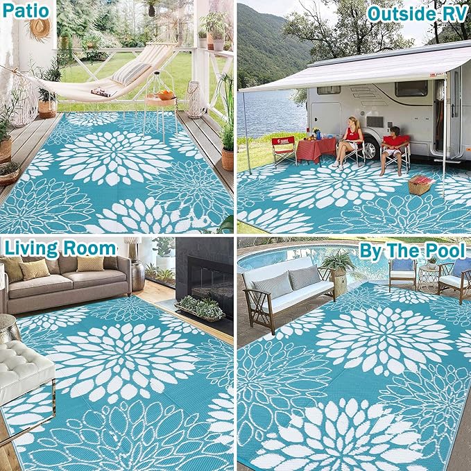 Ileading Reversible Outdoor Rug 6x9Ft Waterproof Patio Rug Carpet Portable Outdoor Plastic Straw Rug Large RV Camping Mat Rug for Patio, Clearance, Deck, Beach, Porch, Camping, Picnic, Flower Teal
