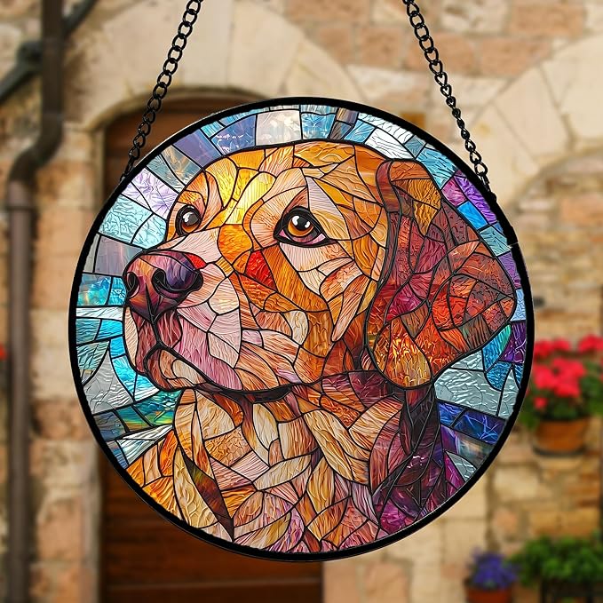 Stained Glass Window Hanging, Cute Dog Abstract Sun Catchers Colorful Glass Panel Texture Suncatcher Decor for Birthday for Women, Men, Wife, Aunt, and Mom 11.8x11.8 in