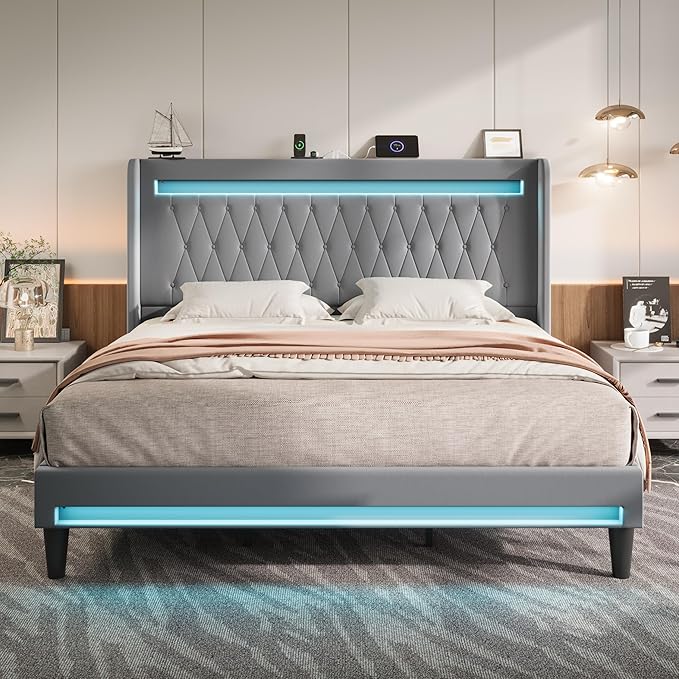 Allewie Upholstered King Size Platform Bed Frame with LED Light and Charging Station, Button Tufted High Headboard, Wingback Design, Noise Free, Easy Assembly, No Box Spring Needed, Grey