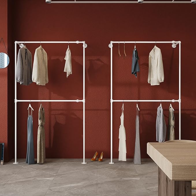 Industrial Pipe White Clothing Racks Wall Mounted, Industrial Clothes Racks for Hanging Clothes, Vintage Retail Garment Rack Display Rack