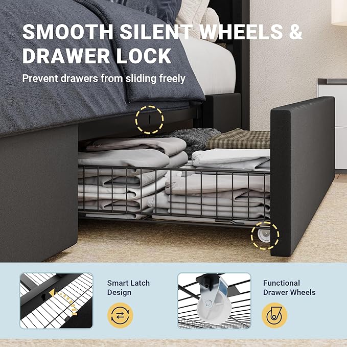 Allewie Queen Size Velvet Bed Frame with 3 Storage Drawers, Upholstered Platform Bed with Wingback Storage Headboard and USB Ports, No Box Spring Needed, Easy Assembly, Black