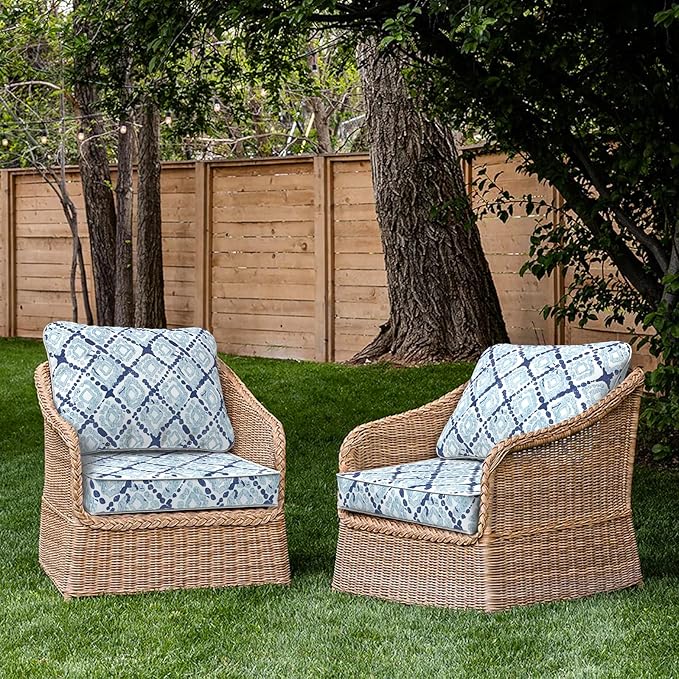 Outdoor Deep Seat Cushions Set 24 x 24 Inch for Patio Furniture,Water Resistant Chair Cushions Replacement Includes Seat Cushion & Back Pillow for Couch Sofa, Wicker Chair - Boho Geometry Blue