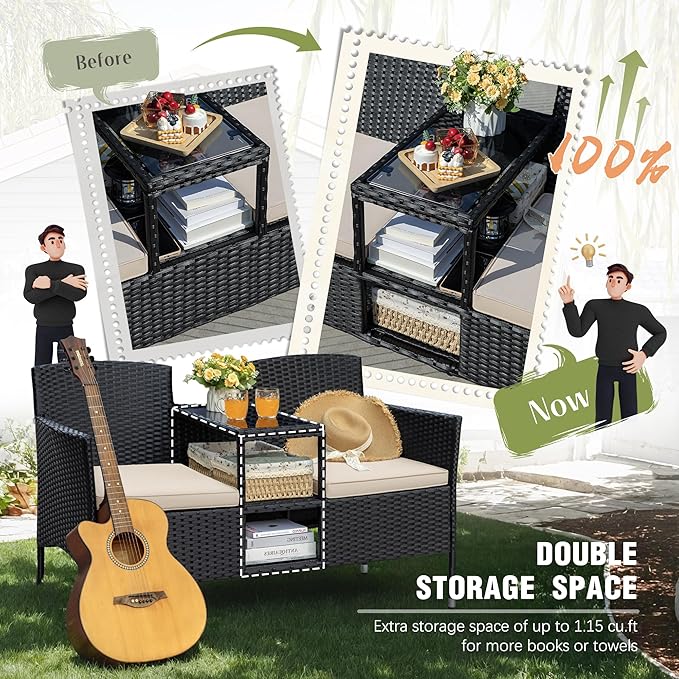 Greesum Patio Loveseat Outdoor Wicker Furniture Conversation Set with Soft Cushions & Built-in Coffee Table for Lawn Garden Backyard, Beige