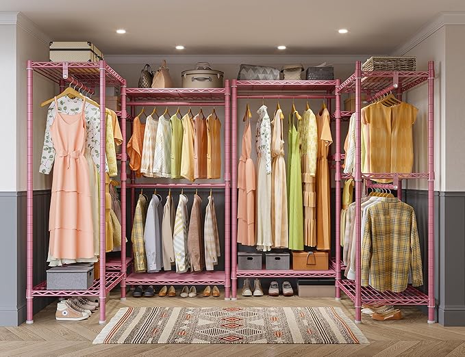 Raybee Clothes Rack Heavy Duty Clothing Racks for Hanging Clothes Adjustable Wardrobe Closet Hanging Clothes Rack Garment Rack, Pink, 13.9" D x 70.6" W x 77" H