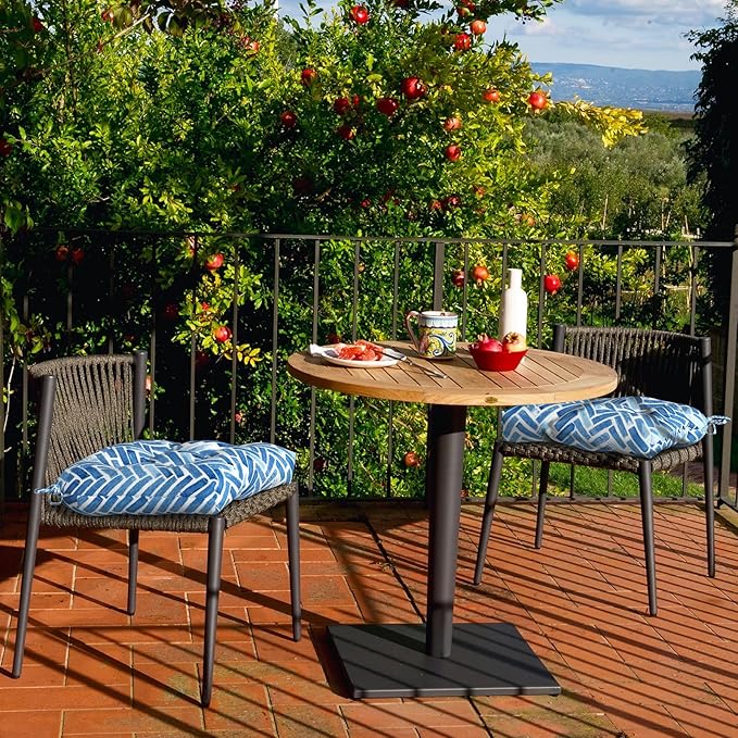 Set of 2 Outdoor Tufted Chair Cushions 19"x19"x4", Water Repellent Patio Seat Cushions with Ties, Replacement Chair Pads for Wicker Dining and Patio Furniture - Blue Bricks