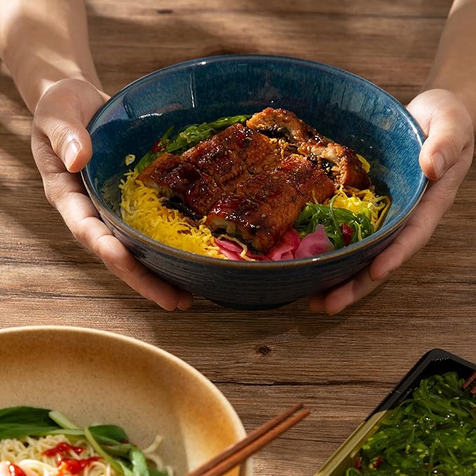 8 Inch Ceramic Ramen Bowl Set of 2, 40oz Japanese Bowls with Spoons & Chopsticks,Durable,Microwave & Dishwasher Safe,Perfect for Ramen,Pho,Salad,Soup,Noodles，Mixing bowls（Amber）