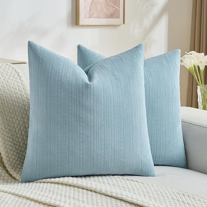 FUTEI Denim Blue Decorative Throw Pillow Covers 16x16 Inch Set of 2,Soft Cozy Wheat Ear Striped Patterns Cushion Cases,Modern Home Decor for Couch Bed Living Room