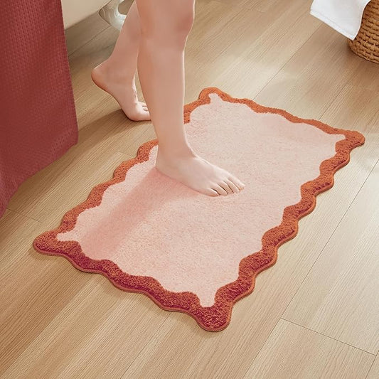 MONDAY MOOSE Bath Mat with Scalloped Wavy Ripple Design, Microfiber Absorbent Non Slip Tufted Rug for Floor, Shower or Kitchen (20x32 inch, Blush)