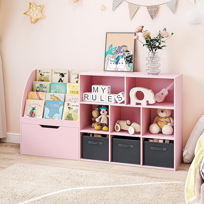 Kids Bookshelf and Toy Storage, Toy Storage Organizers with Movable Drawers & 3 Storage Bins, Kids Reading Nook Toy Organizers Shelf with 5 Cubbies, Pink